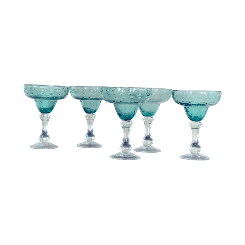 Margarita Hand Blown Style Sealine Blue  Set Of 5 Glasses